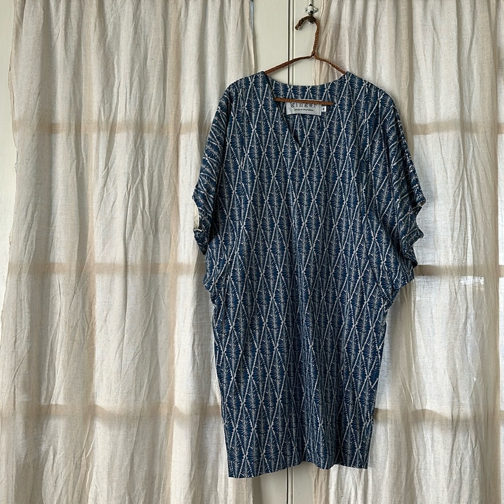 Caftan Style deep turquoise abstract pattern cotton Dress - Ginger CA size M